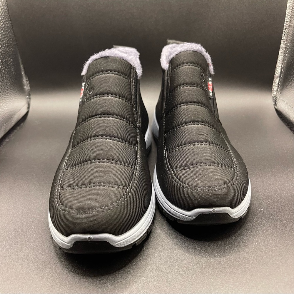 Black and Gray Quilted Slip-On Winter Boots